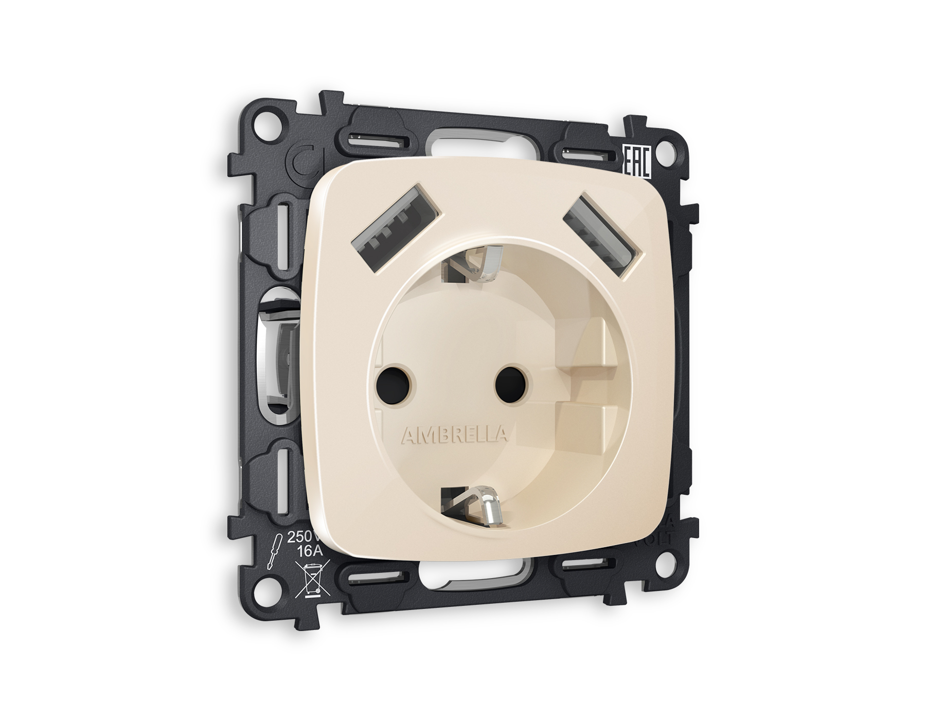 MO309010 Комплект механизма электрической розетки OMEGA Бежевый глянец 2USB A+A 18W (быстрая зарядка) с/з QUANT (OP3090, VM155)