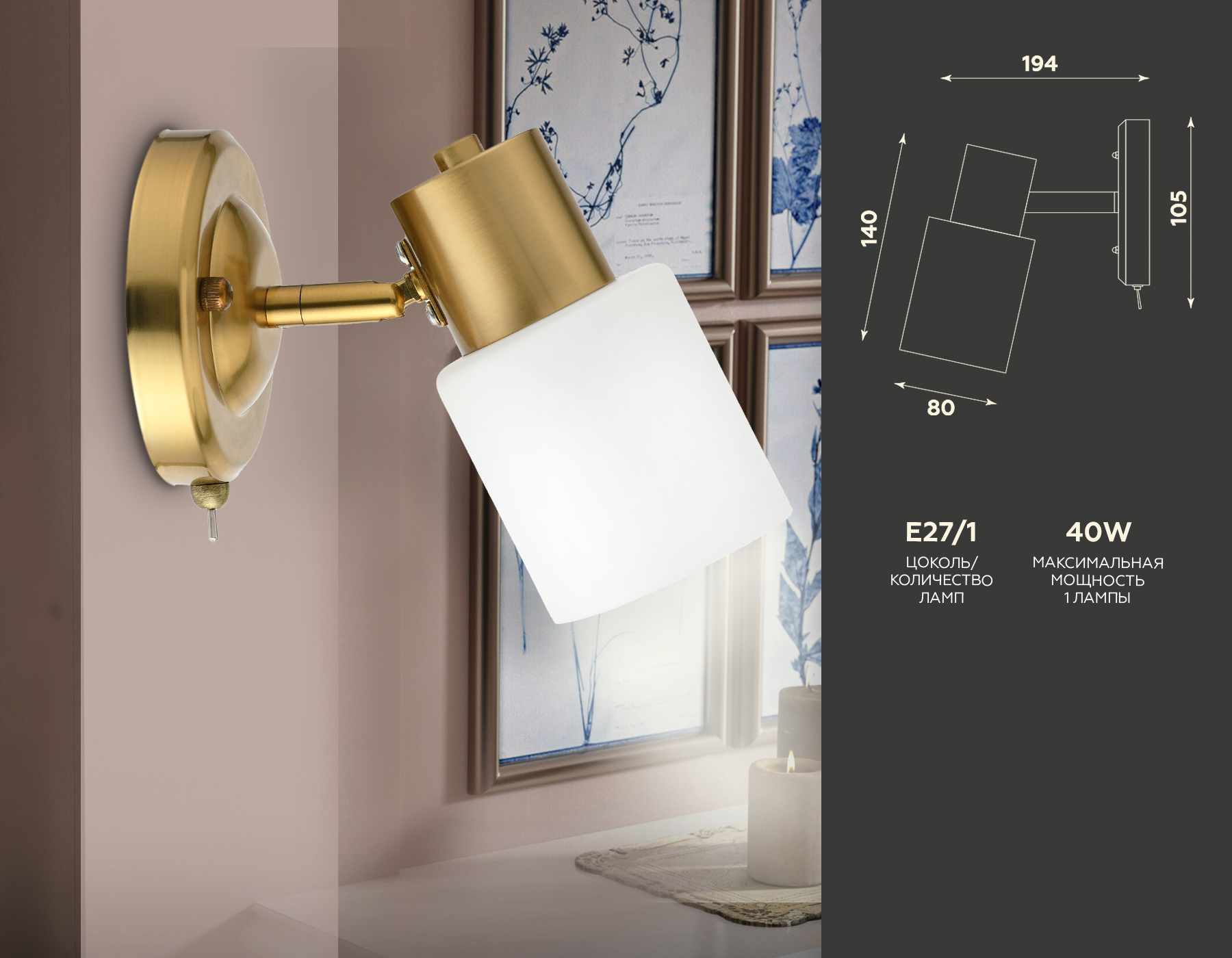 Накладной спот TR3967 BS/FR латунь/белый матовый E27 max 40W 140*80*194