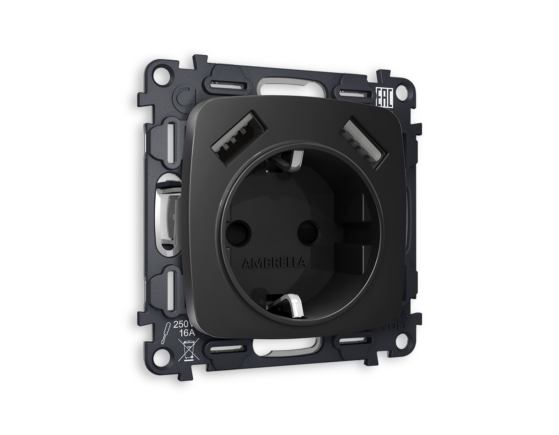 MO809010 Комплект механизма электрической розетки OMEGA Черный матовый 2USB A+A 18W (быстрая зарядка) с/з QUANT (OP8090, VM155)