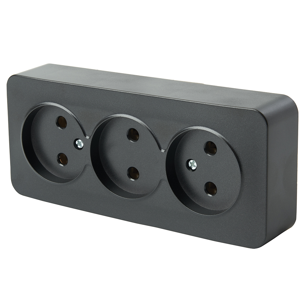 Розетка 3-местная б/з открытой установки, STEKKER, 250В, 10А, IP20, серия София, черный, MST10-13-02