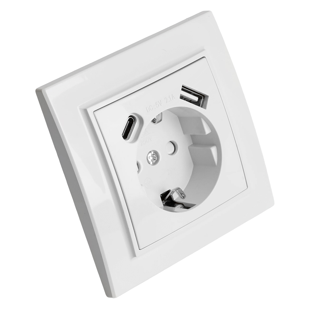 Розетка 1-местная STEKKER, PST16-9016-01, 250В, 2.1А с USB+ type C, серия Эрна, белый